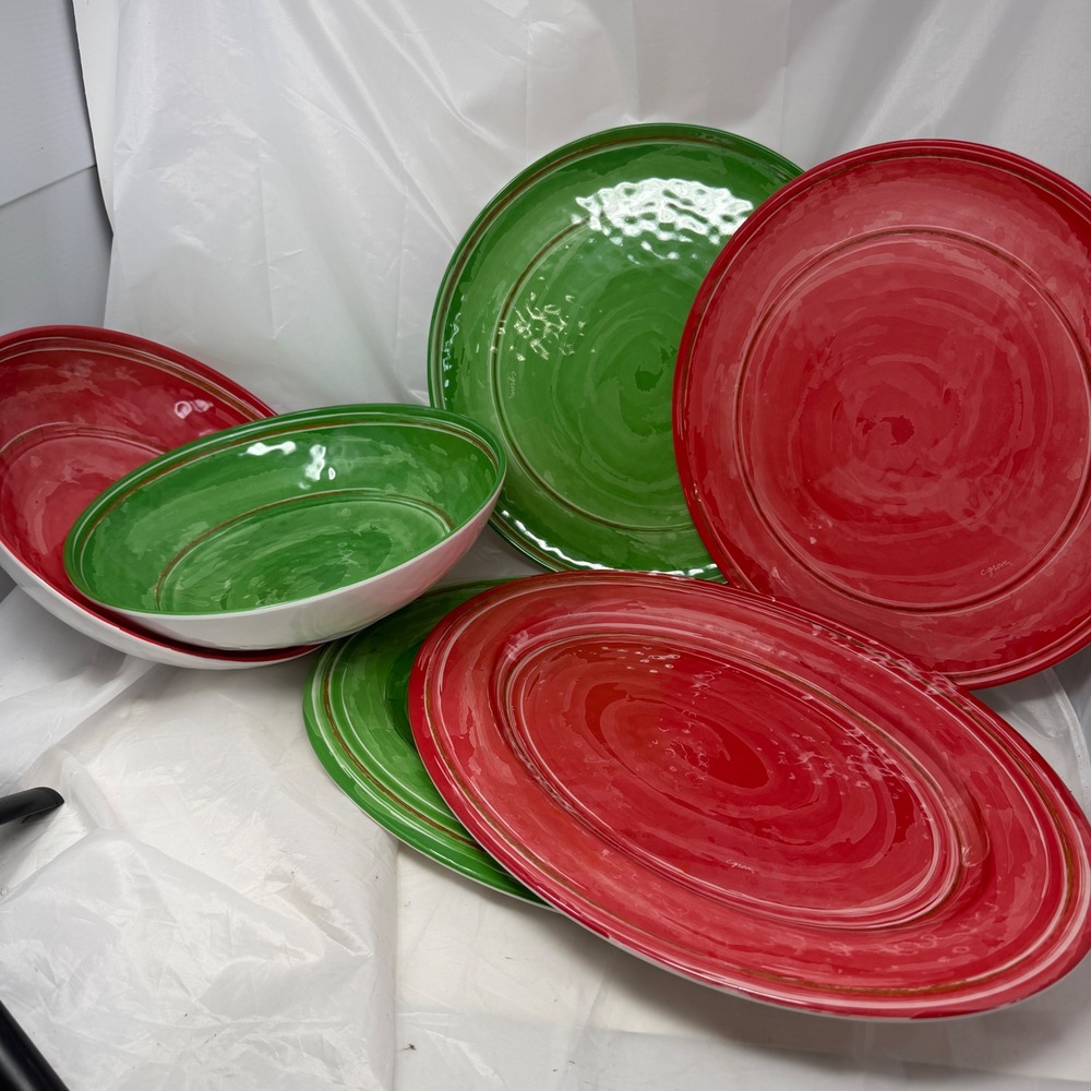 C Grove Plastic Christmas Dinnerware Set Red Green Swirl Platter Plates Bowls